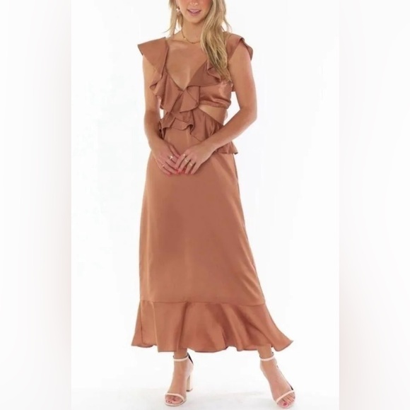 Show Me Your Mumu Zoey Midi Dress In Copper Luxe Satin - Picture 1 of 9